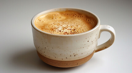 Cup of French caf au lait light brown with a creamy texture served in a simple white mug placed on a clean white surface