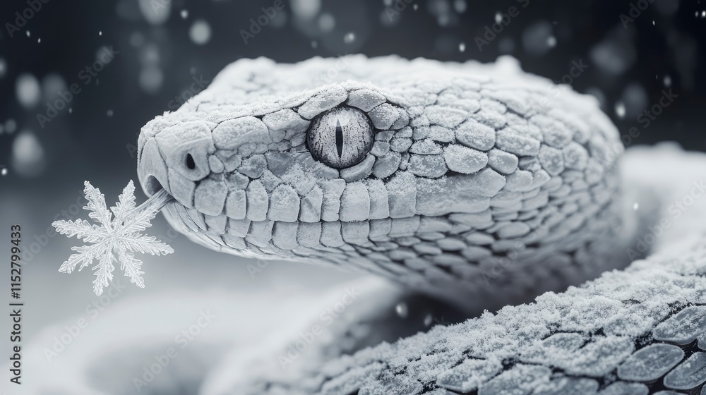 Poster a mesmerizing close-up of a frost-covered snake with a delicate snowflake in its mouth, set against 