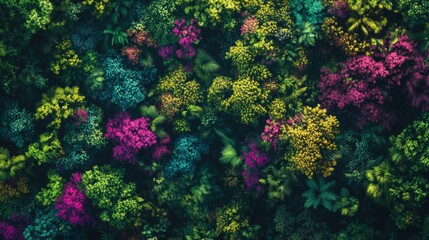 Aerial view of vibrant, colorful flowers and lush green foliage forming a dense, textured pattern.