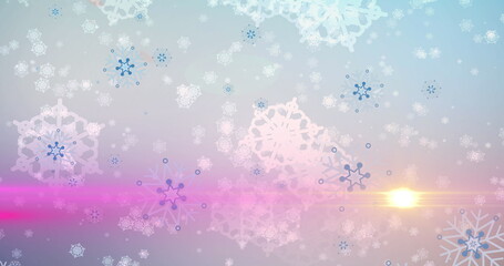 Image of glowing light over christmas snowflakes falling