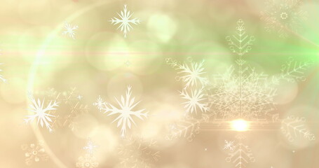 Image of glowing light over christmas snowflakes falling