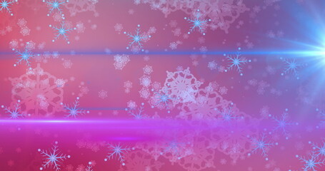 Image of glowing lights over christmas snowflakes falling