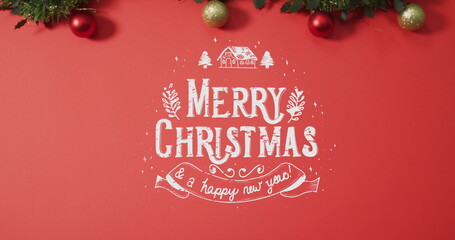 Image of christmas greetings text over baubles on red background