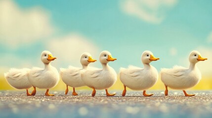Fototapeta premium A line of fluffy ducklings walking in a sunny outdoor setting.