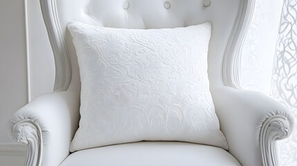 A plush white cushion with a subtle pattern, resting on a white chair