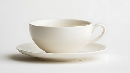 Obraz premium A simple white porcelain teacup with a saucer, placed on a white table
