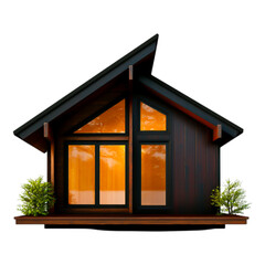 Modern Cabin with Warm Glow and Lush Greenery at Dusk