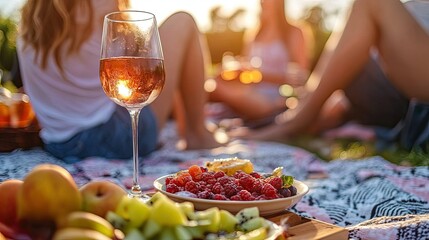 Fototapeta premium A picnic scene at sunset featuring a checkered blanket laid on grass,