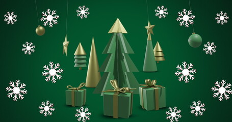 Image of christmas trees and decorations on green background