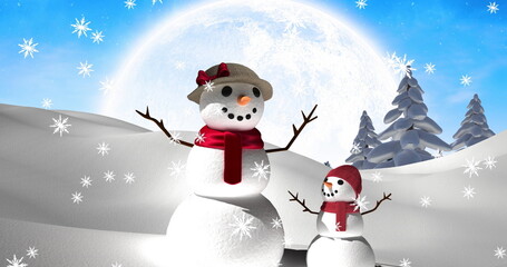 Fototapeta premium Image of snowman in snow falling over snowman in winter scenery