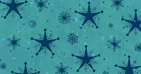 Image of snowflakes falling on green background at christmas