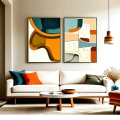 Abstract geometric art, mid-century modern style, teal and orange color palette, curved shapes, minimalist composition, living room decor, framed canvas prints, white sofa, orange ottoman, pendant lig