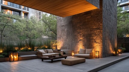 Elegant outdoor lounge area illuminated by warm lights, featuring modern furniture and lush greenery in an urban setting