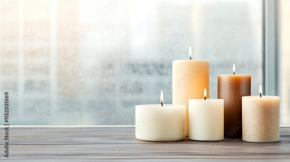 Poster serene arrangement of lit candles on a wooden surface with a softly blurred window in the background