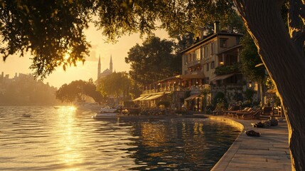 Fototapeta premium Serene Golden Hour by the Lakeside with Charming Architecture