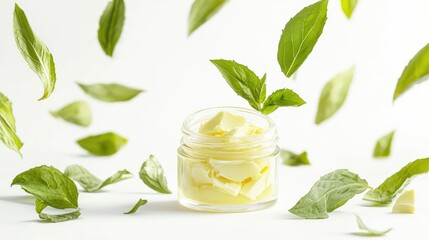 Obraz premium Fresh Basil Leaves Floating Around Jar of Creamy Botanical Substance