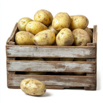 A rustic wooden crate displaying smooth, pale green and yellow potatoes with speckled skins, a single potato placed outside the crate for variation, background purely white and clean, no shadow presen