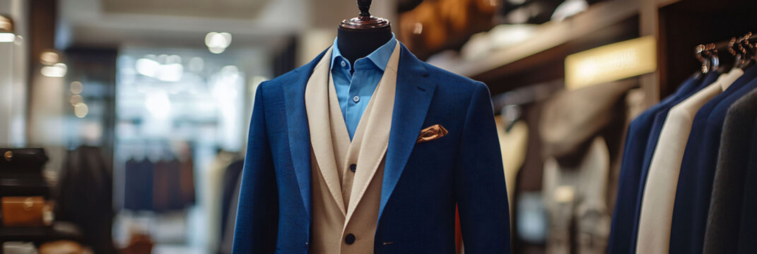 Deep blue suit with a contrasting beige coat displayed in a chic boutique The luxurious textures and modern tailoring make this a statement piece