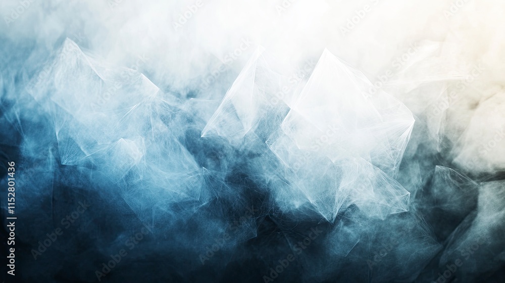 Poster a serene abstract background featuring translucent geometric shapes merging with soft smoke in cool 