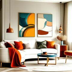 Abstract geometric art, mid-century modern style, teal and orange color palette, curved shapes, minimalist composition, living room decor, framed canvas prints, white sofa, orange ottoman, pendant lig