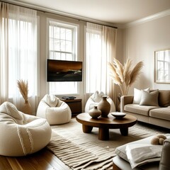 Cozy modern living room, neutral color palette, textured beige walls, large windows with sheer curtains, organic shaped furniture, oversized round woven pendant light, minimalist decor, natural materi
