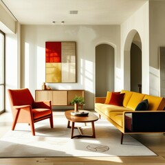 Mid-century modern living room, bright sunlight, arched windows, colorful furniture, red and yellow armchairs, wooden coffee table, abstract wall art, minimalist decor, airy space, high ceiling, potte
