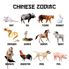 Obraz premium Chinese animal zodiac vector logo. Animal Zodiac in low poly vector abstract set. Animal vector set of Chinese Zodiac. Chinese Zodiac Animal in polygonal low poly vector. Animal zodiac illustration