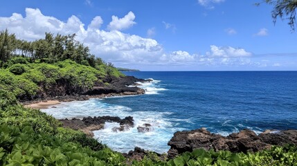 A deep blue ocean horizon with crashing waves, a rocky coastline, and a clear sky with a few clouds. 