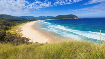 Scenic Coastal View with Lush Greenery and Calm Blue Waters