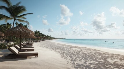 Fototapeta premium Serene Tropical Beach with Lounge Chairs and Palm Trees in Sunshine