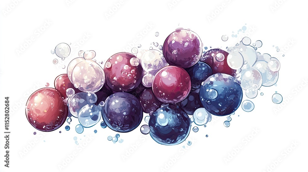 Poster a colorful arrangement of translucent spheres and bubbles creating a visually captivating abstract s
