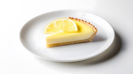 A smooth white porcelain plate with a slice of lemon tart, resting on a white background