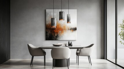 Modern Contemporary Dining Room with Elegant Table and Stylish Lighting Fixtures