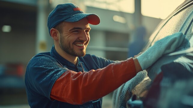 A smiling mechanic cleans a car window, showcasing professionalism and care in auto detailing under warm, natural lighting.