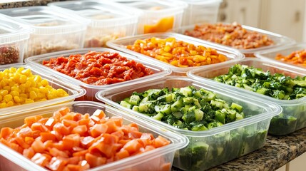 Obraz premium Healthy Meal Preparation with Fresh Ingredients in Clear Storage Containers on a Kitchen Counter