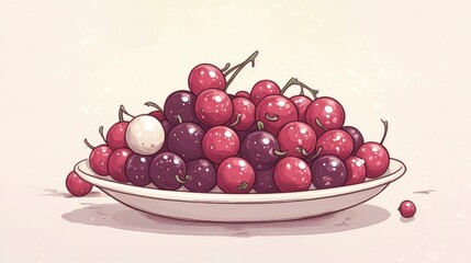 Colorful variety of cherries displayed on a plate, featuring red and purple hues, showcasing freshness and abundance in a minimalist setting
