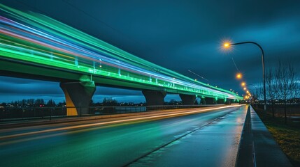 Fototapeta premium A long exposure shot of a brightly lit bridge over a wet road at dusk.