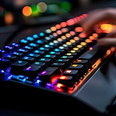 A close-up of a vibrant gaming keyboard with multicolored backlighting and a hand typing, symbolizing modern gaming culture and technology