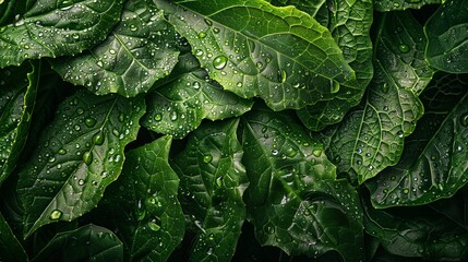 Fototapeta premium Lush Green Leaves Covered in Dew Drops, Close-Up View