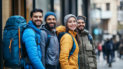 Group of Smiling Travelers in Front of Travel Agency Sign, Ready for Adventure