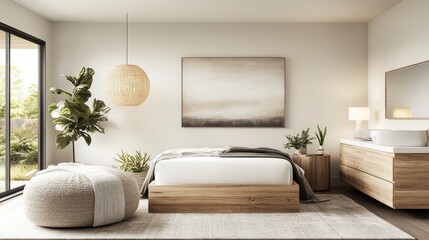 Fototapeta premium Inviting modern bedroom interior featuring natural elements and soft textures for a serene and cozy retreat