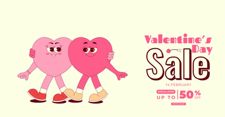 Valentines Day sale banner with cute walking hearts characters in retro groovy style. Horizontal vector illustration for poster, brochure, banner, card, special offer