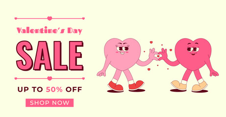 Happy Valentines Day sale flyer with cute walking couple heart character in retro groovy style. Horizontal vector illustration for poster, brochure, banner, card, special offer