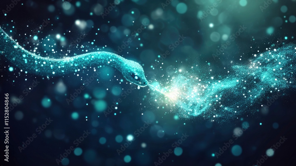 Poster magical glowing serpent weaving through a mystical background of luminous particles and soft bokeh e