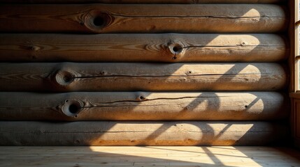 Warm Sunlight Illuminates Rustic Log Cabin Interior Wall and Wooden Floor
