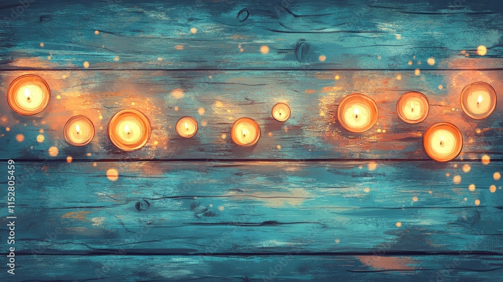 Poster a serene display of glowing candles arranged on a rustic wooden surface with soft lights and texture