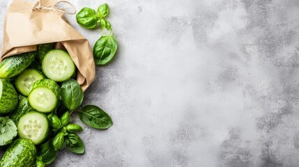 Freshly cut cucumbers and basil leaves spilling from a paper bag onto a textured gray surface