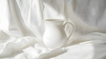 A small white ceramic jug filled with cream, placed on a white tablecloth
