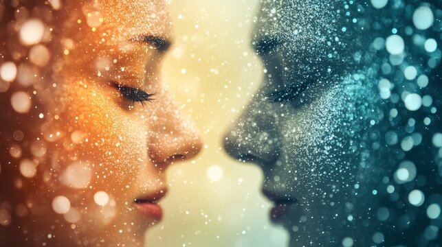 Two faces merging in a magical ambiance of sparkling lights and vibrant colors, showcasing a mesmerizing connection between contrasting elements