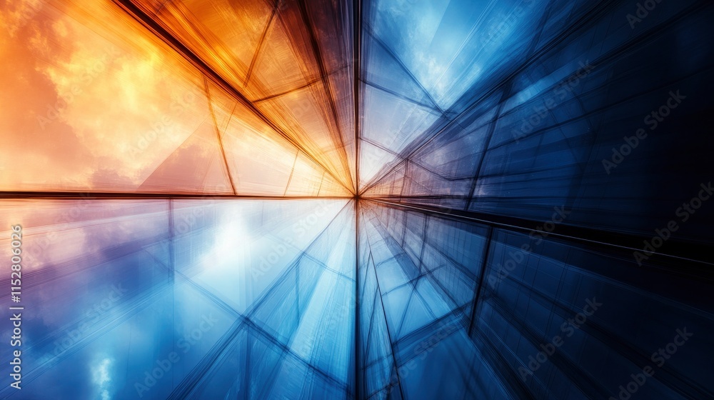 Poster abstract architectural perspective with dynamic reflections and contrasting colors of blue and orang